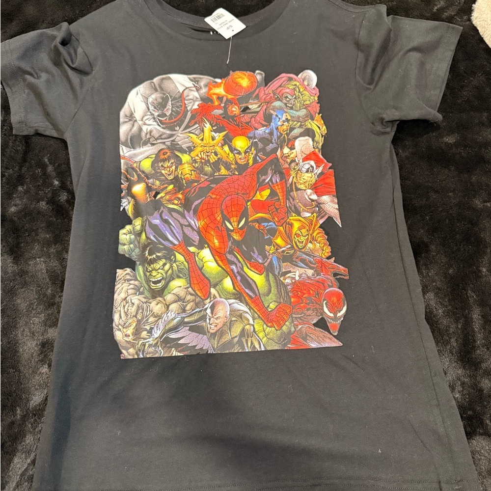 Marvel Black Graphic Tee with Red, Blue and Yellow Accents